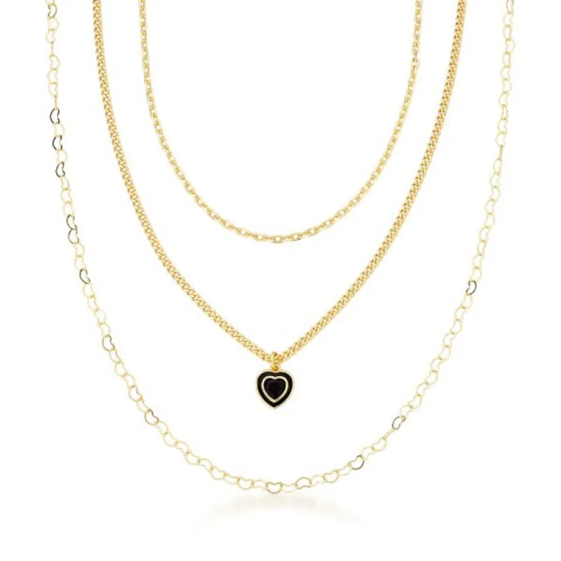Colar Triplo Coração Negro em Zircônia com Banho de Ouro 18k- Tendência Chic 40cm / Dourado
