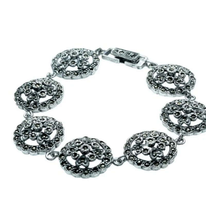 Pulseira de Prata de Bali 925 com Flores e Marcassitas Suíças 19cm / Prata - Atraktiva Joias