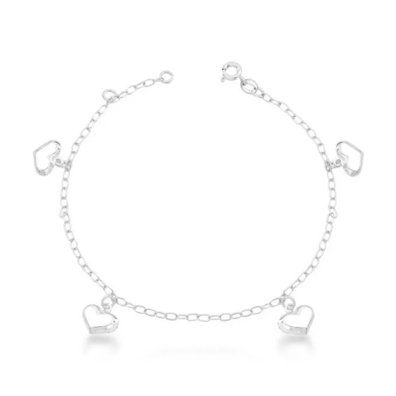 Pulseira Feminina Romântica em Prata 925 com Pingentes de Coração 18cm / Prata - Atraktiva Joias