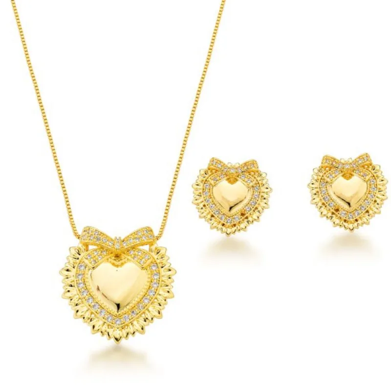 Conjunto Colar e Brincos Coração com Laço Banhado a Ouro 18k 45cm / Dourado - Atraktiva Joias