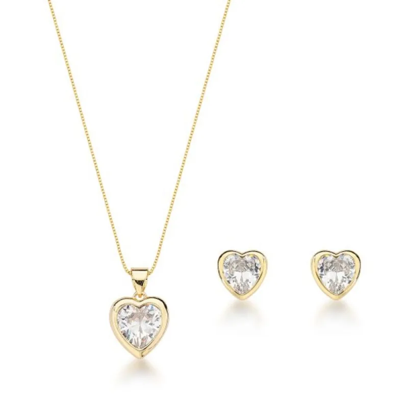 Elegância Romântica: Conjunto de Ouro 18k com Corações de Zircônia 45cm / Dourado - Atraktiva Joias