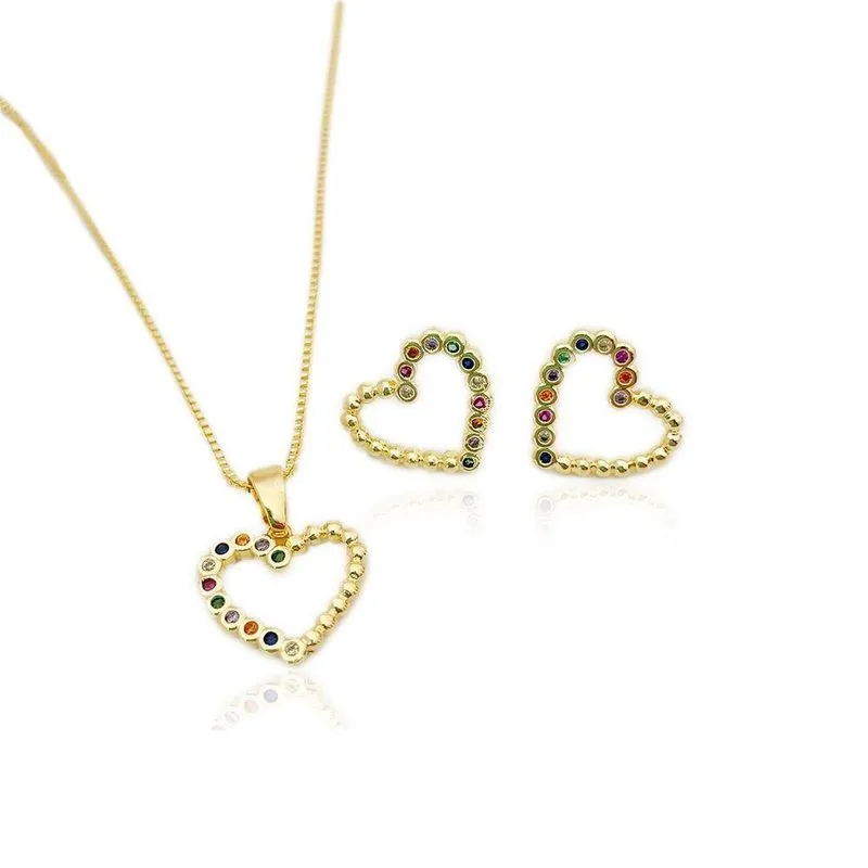 Conjunto Colar E Brincos Coração Colorido Banhado A Ouro 18k