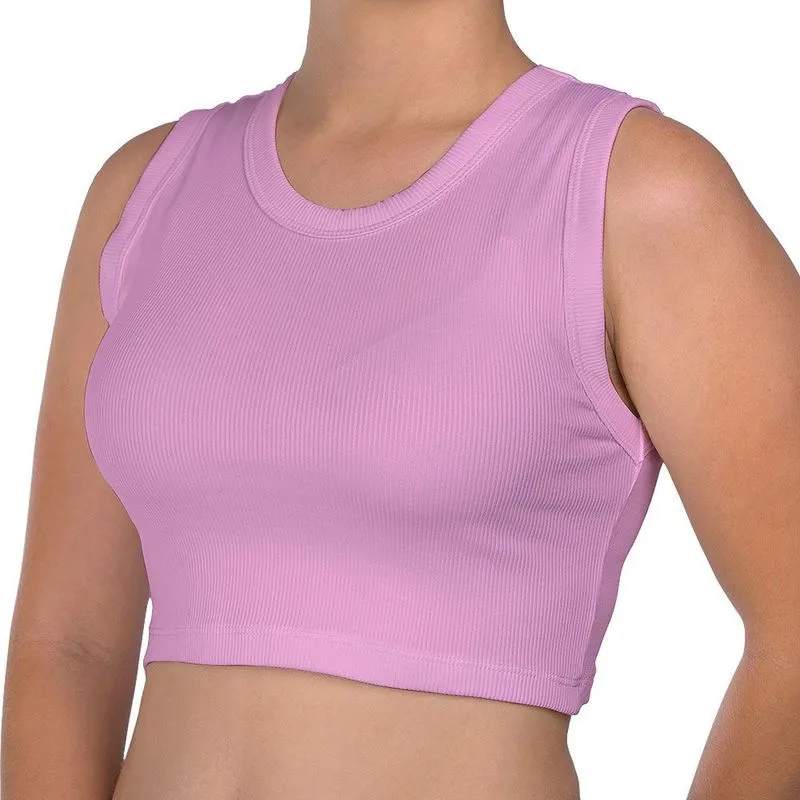 Regata Cropped Ajustada DelRio Seamless Malha Canelada Rosa
