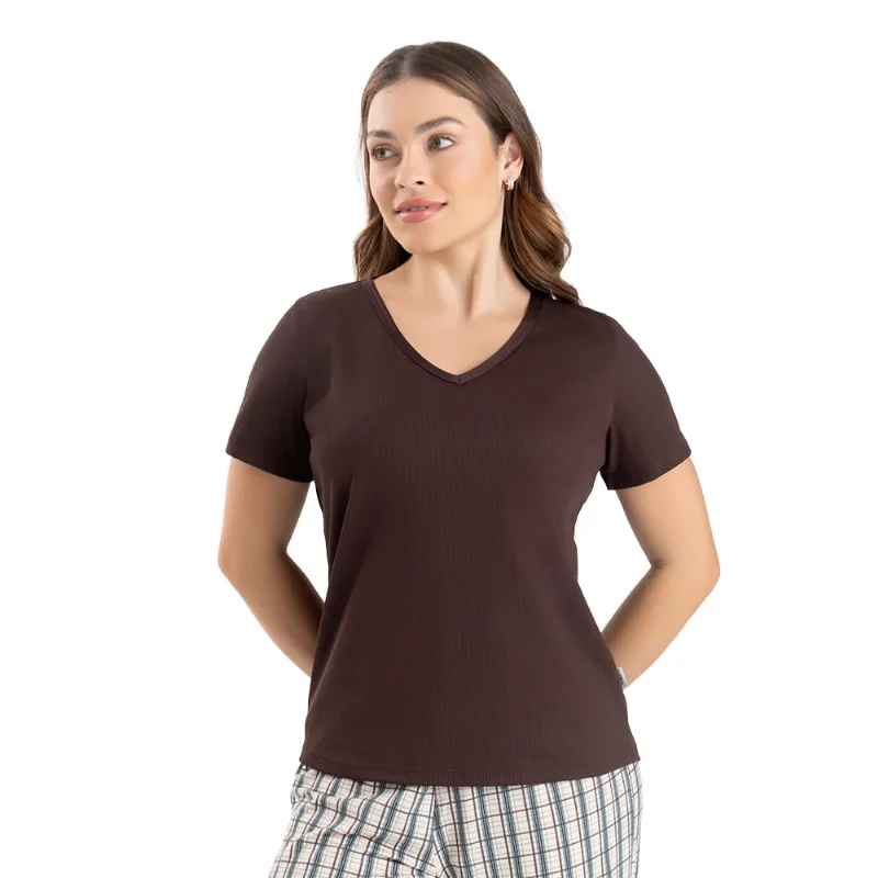 Blusa Manga Curta Em Ribana Canelada Café - DelRio