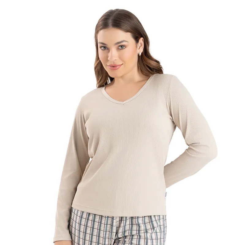Blusa Pijama Manga Longa Canelada Caqui - G - DelRio