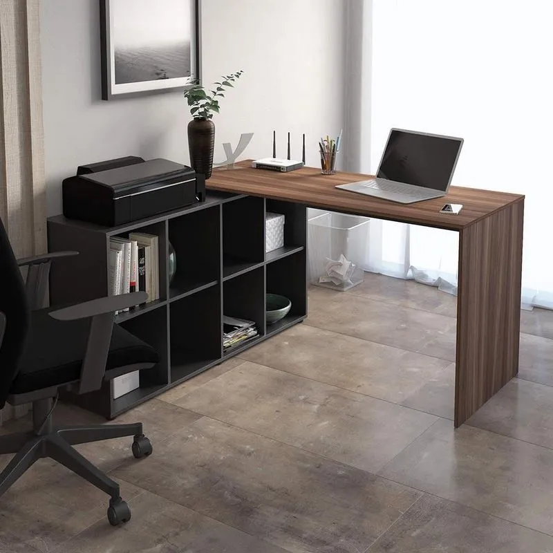 Mesa De Escritório Em L 8 Nichos Dakota Ipê Preto