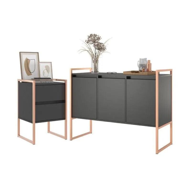 Conjunto Buffet E Gaveteiro Industrial Paris Preto Cobre