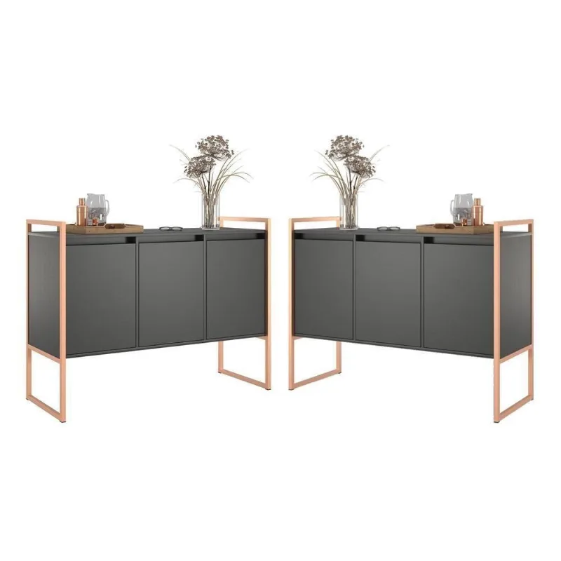 Buffet Industrial 3 Portas Preto Cobre Conjunto 2 Unidades
