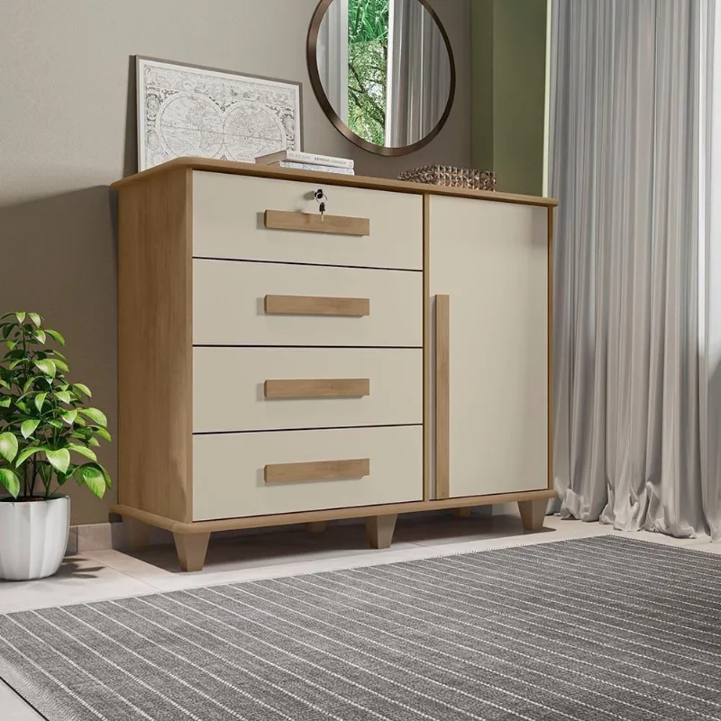 Cômoda Lyons 1 Porta 120cm em MDF Cinamomo Off White com Gavetas e Sapateira