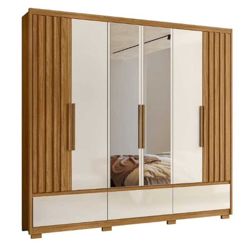 Guarda Roupa Casal Veneza 6 Portas 5 Gavetas Freijó-Off White MDP com Espelho