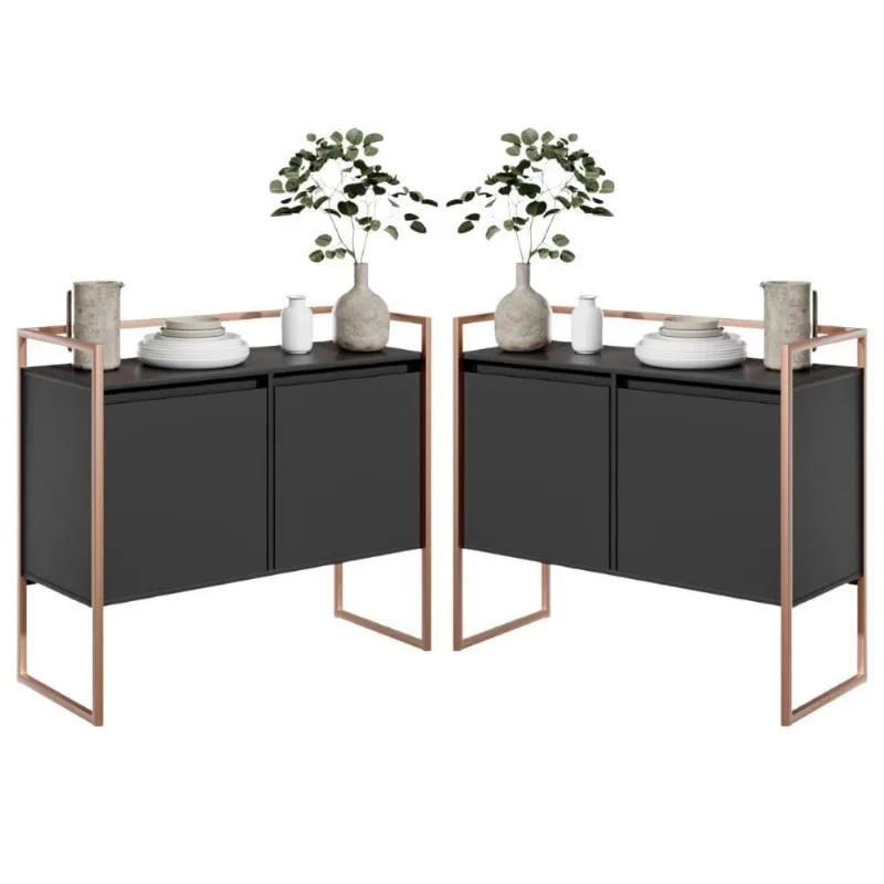 Conjunto Buffet Aparador Industrial 2 Portas Preto Cobre