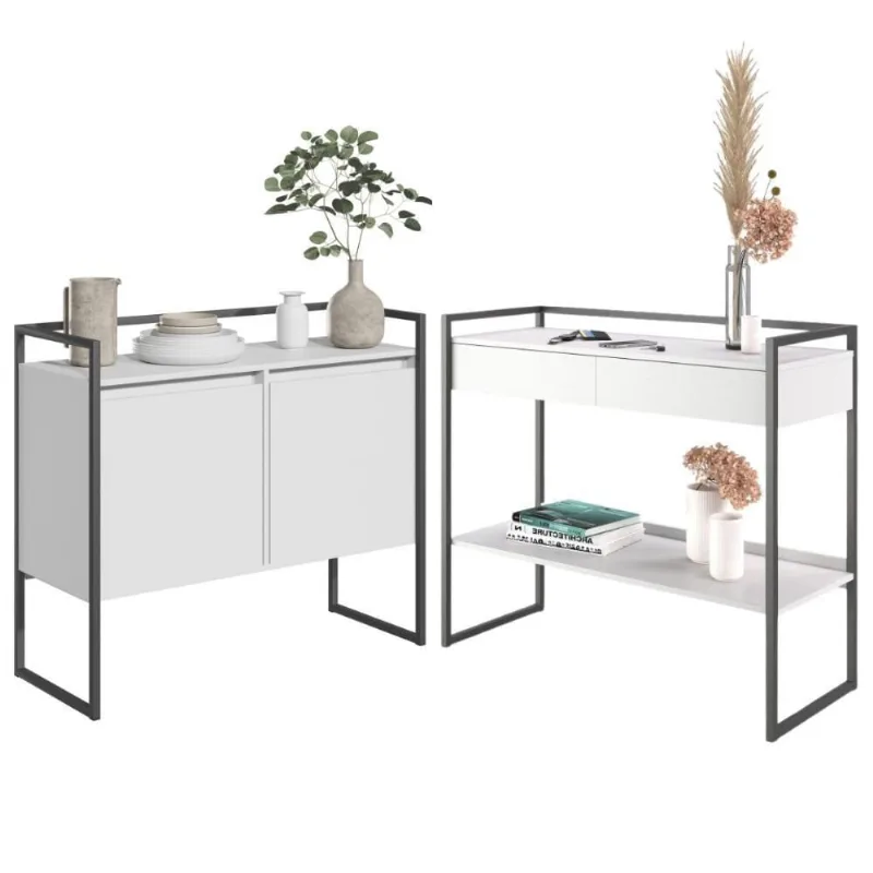 Conjunto Buffet 2 Portas E Aparador Industrial Branco Preto