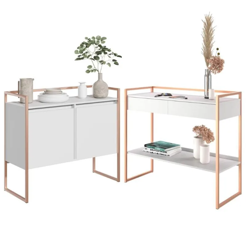 Conjunto Buffet 2 Portas E Aparador Industrial Branco Cobre