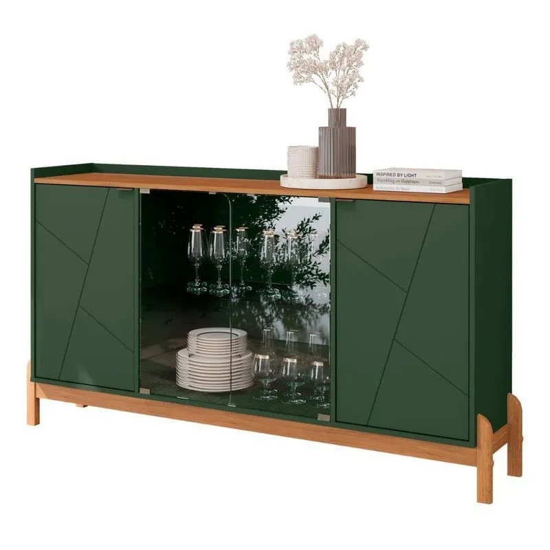 Buffet Aparador 2 Portas Com Vidro Madri Verde Oliva Cedro