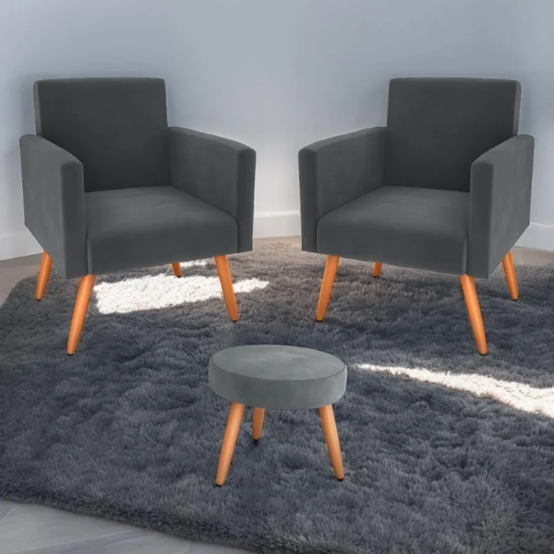 Conjunto Poltronas E Puff Anari Veludo Cinza