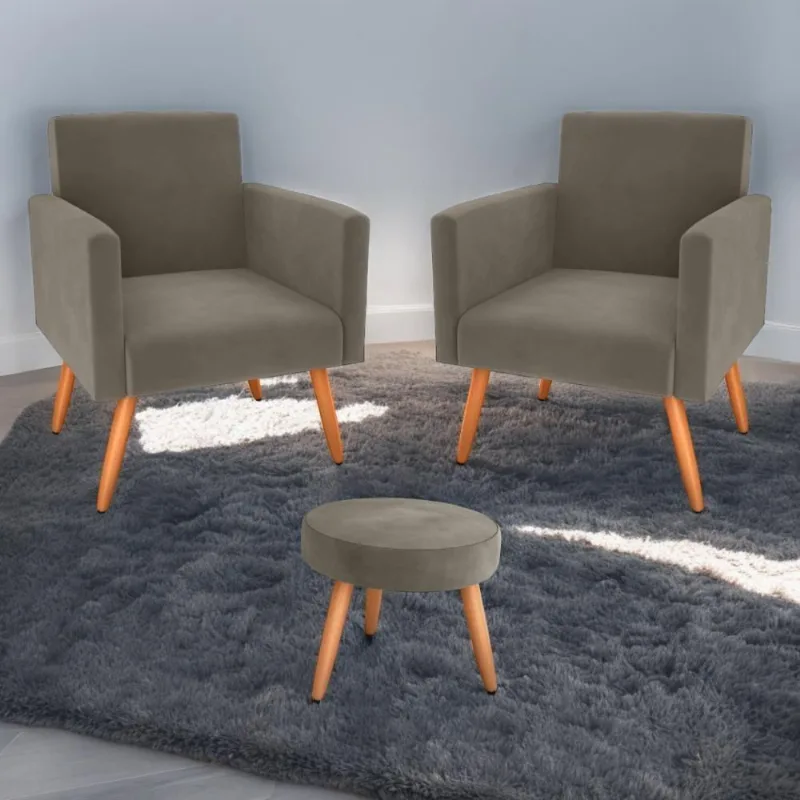 Conjunto Poltronas E Puff Anari Veludo Cappuccino