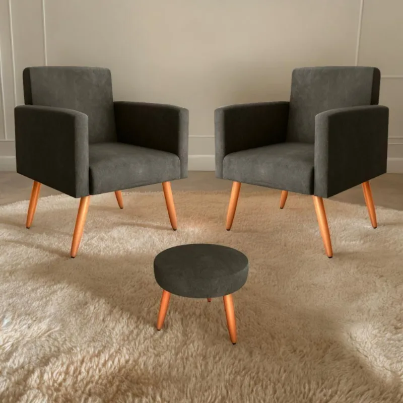 Conjunto Poltronas E Puff Anari Veludo Turkey Marrom
