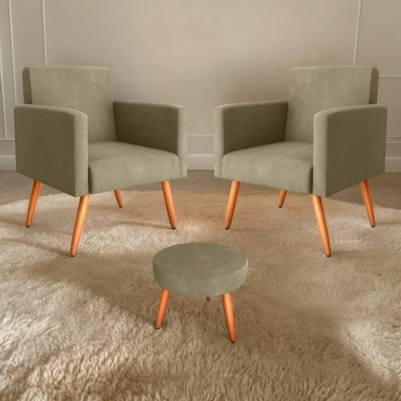 Conjunto Poltronas E Puff Anari Veludo Turkey Cappuccino