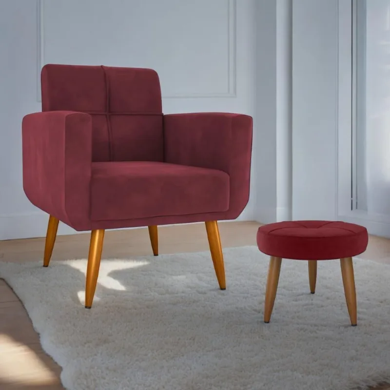 Jogo Poltrona E Puff Hazen Para Sala Veludo Vinho Casa H