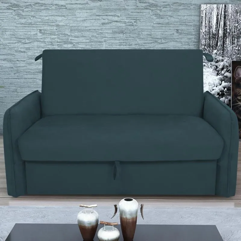 Sofá Cama 2 Lugares Com Baú Fabian Suede Petróleo