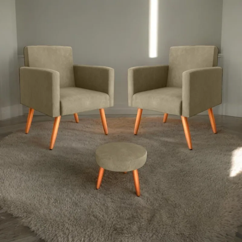 Conjunto Poltronas E Puff Iara Veludo Turkey Cappuccino