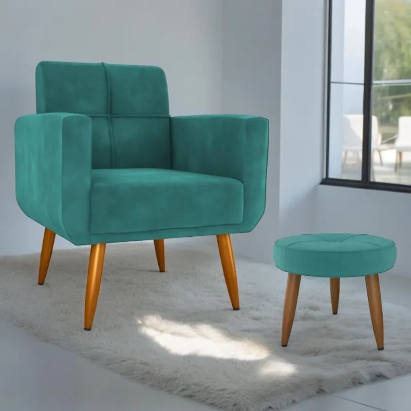 Jogo Poltrona E Puff Oliver Para Sala Veludo Verde Menta Casa H