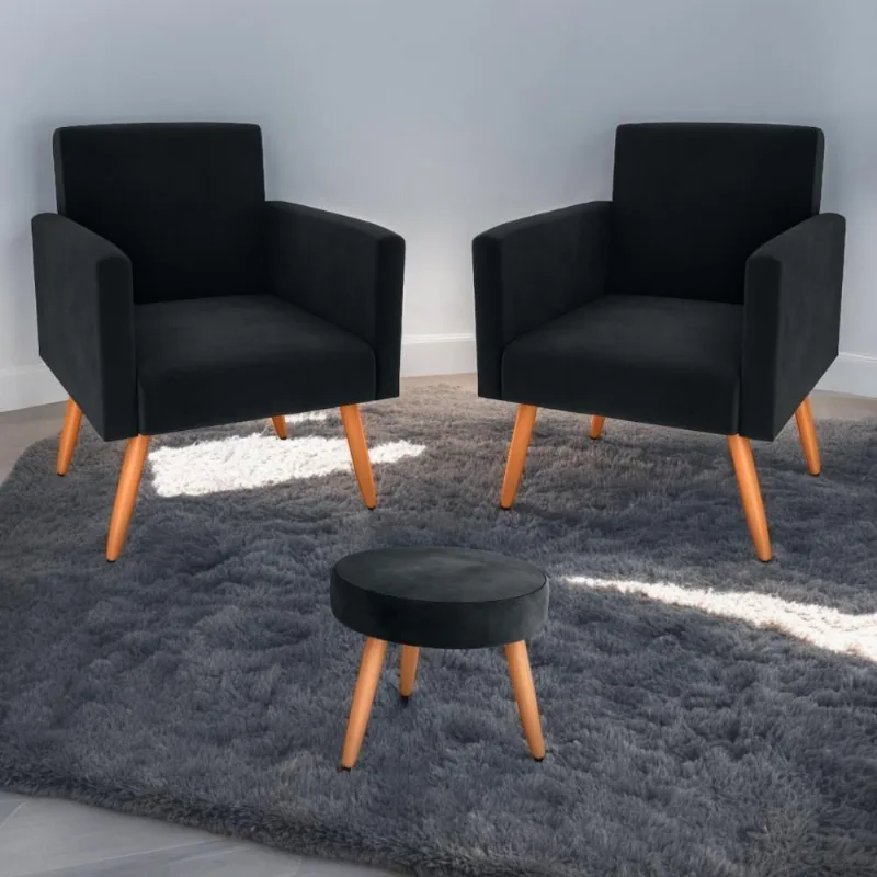 Conjunto Poltronas E Puff Anari Veludo Inca Preto
