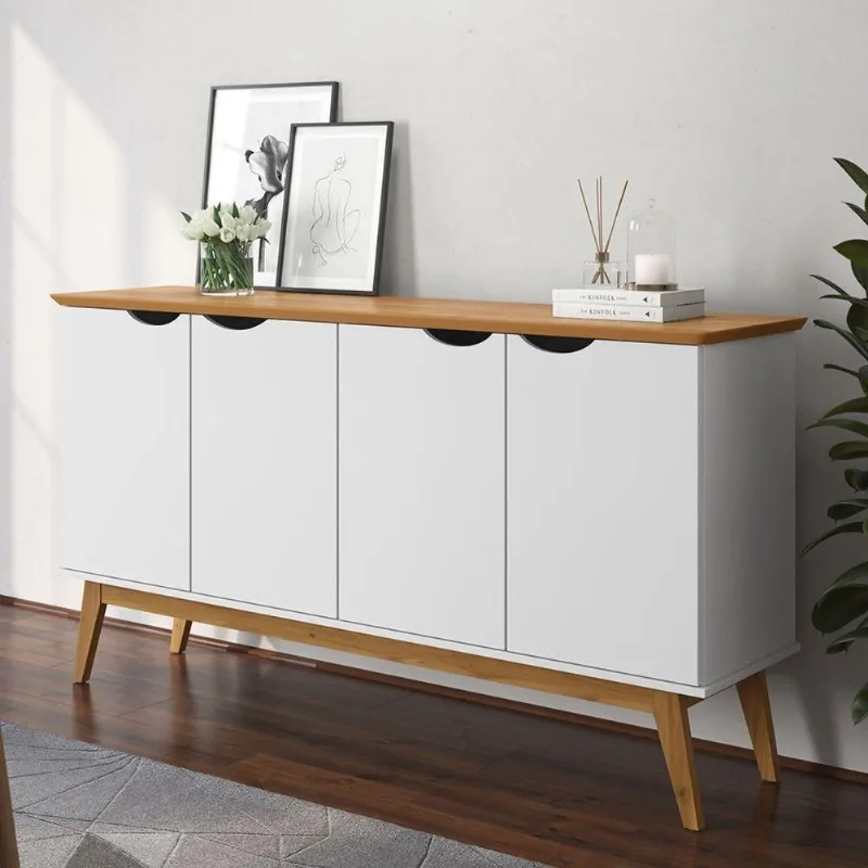 Buffet Com 4 Portas Capela Branco Acetinado Cinamomo