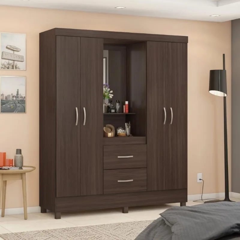 Conjunto Guarda Roupa Casal e Sapateira Riom 4 Portas 2 Gavetas Cafe Touch MDP