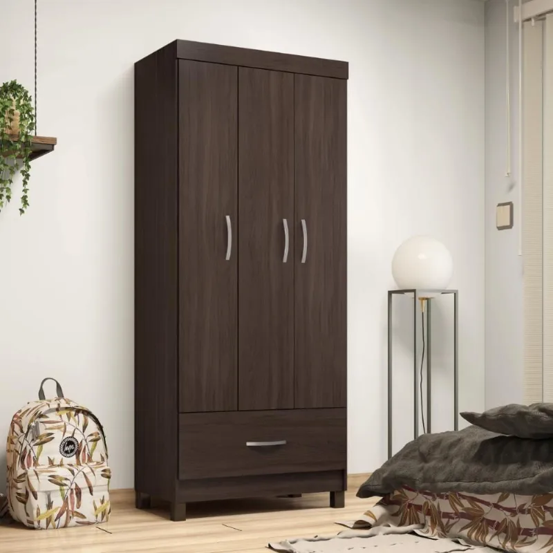Conjunto Guarda Roupa Casal Genev 3 Portas de Bater 1 Gaveta Cafe Touch MDP
