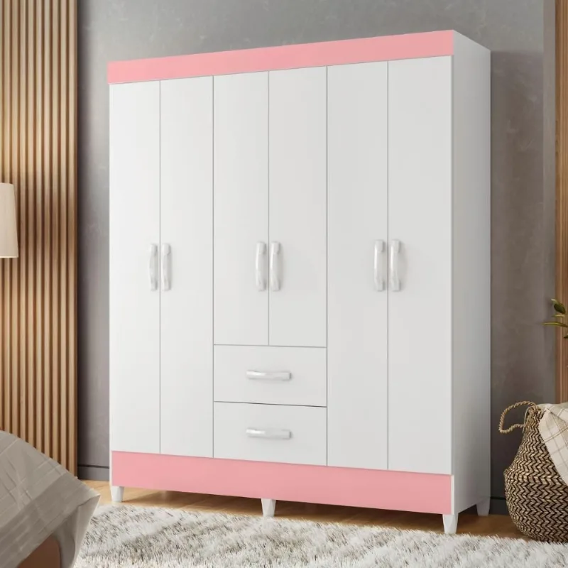 Guarda Roupa Infantil Cancun 6 Portas 2 Gavetas Branco Rosa MDP