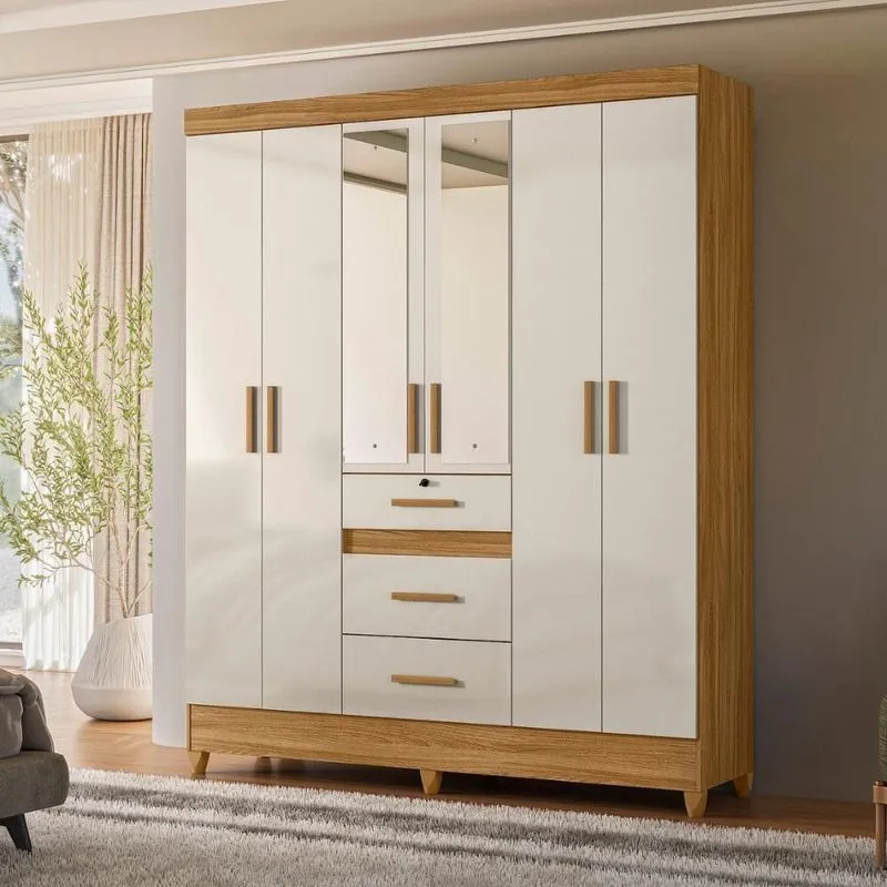 Guarda Roupa 6 Portas Com Espelho Canyon Freijo Off White