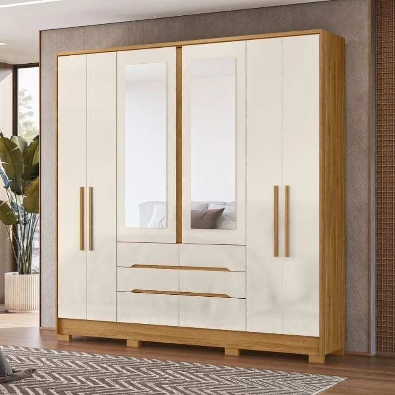 Conjunto Guarda Roupa Casal e Comoda Turing 3 Portas de Correr 6 Gavetas Freijo Off White