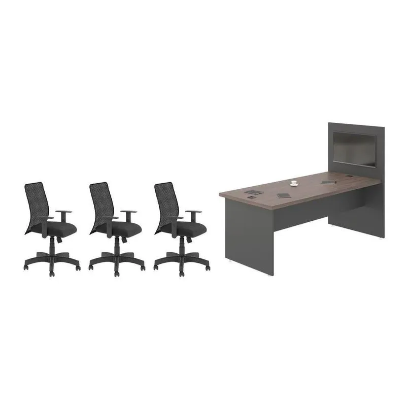Jogo Painel E Mesa De Escritório Com 3 Cadeiras Freijó Preto