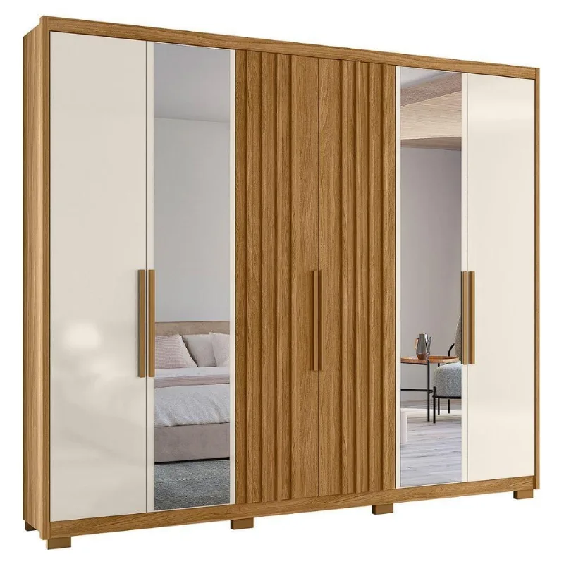 Guarda Roupa Casal Meca 3 Portas 4 Gavetas Freijó-Off White MDP com Espelho