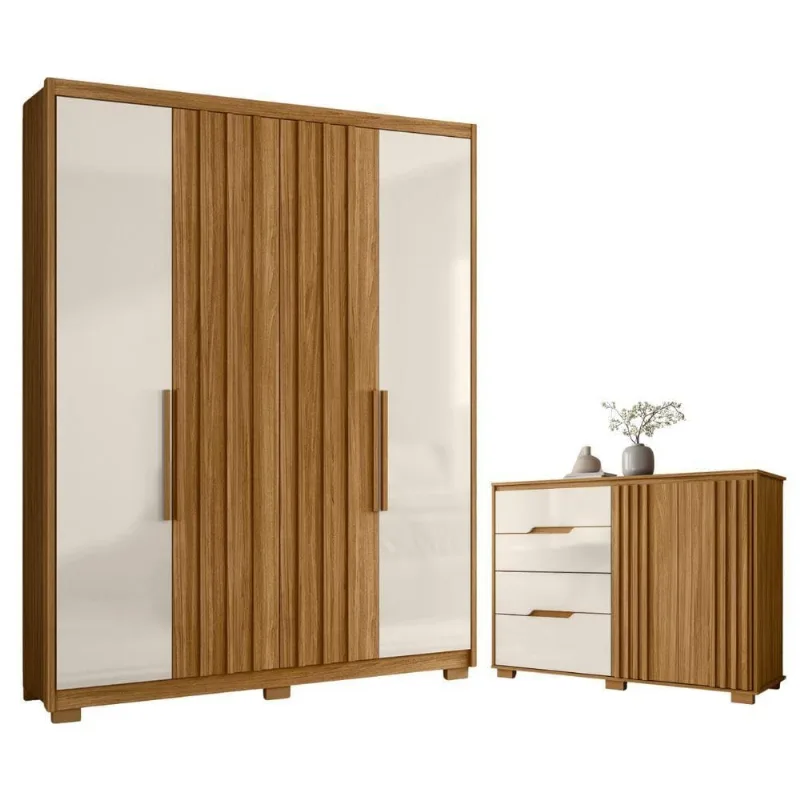 Conjunto Quarto Casal com Guarda Roupa Fresado Qatar 4 Portas 3 Gavetas em MDP Freijó e Off White