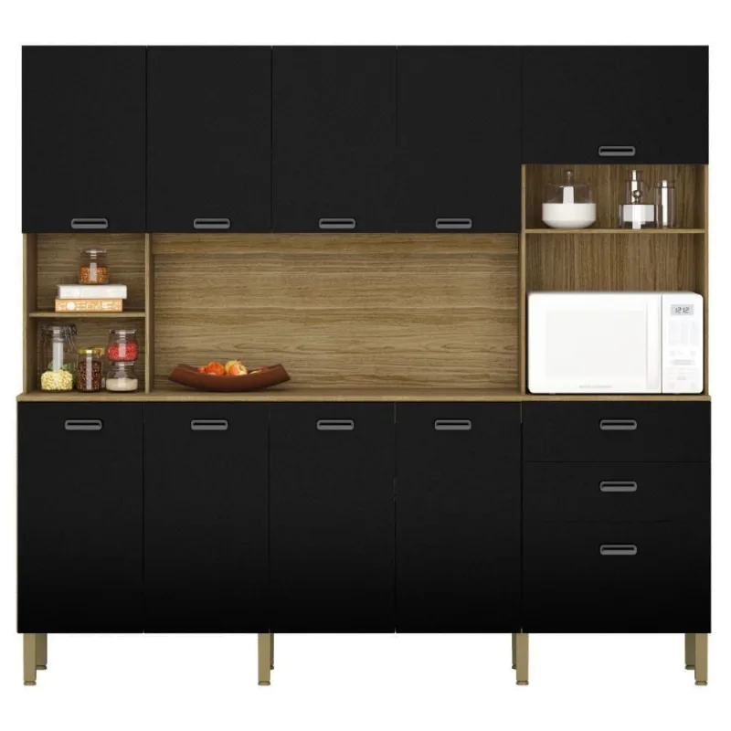 Kit De Cozinha Com 9 Portas E 2 Gaveta Budapeste Freijó Nero