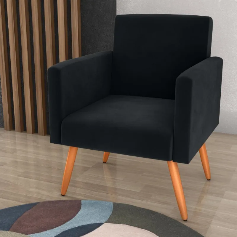 Poltrona Decorativa Para Sala Luan Veludo Preto