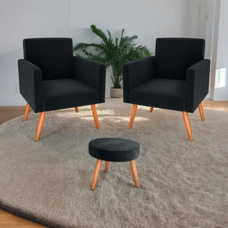 Jogo De Poltronas E Puff Livia Veludo Preto
