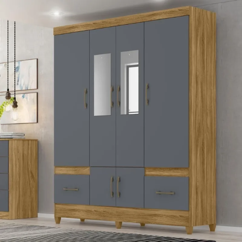 Guarda Roupa Casal Coreia 8 Portas de Bater 1 Gaveta MDP com Espelho Castanho Wood Cinza Mais
