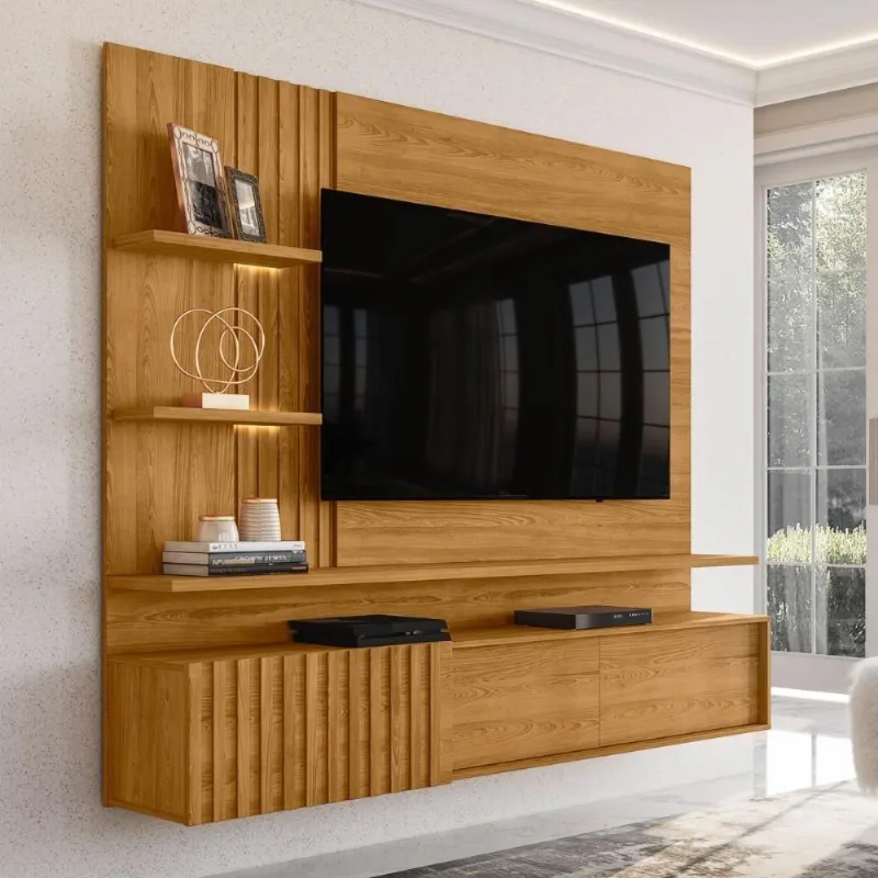 Home Para Tv Painel Com Led Porta Ripada Lens Cumaru