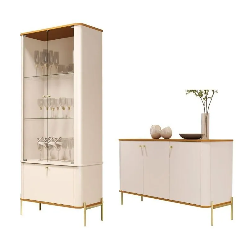Conjunto Buffet E Cristaleira Valetine Off White Nature Dourado
