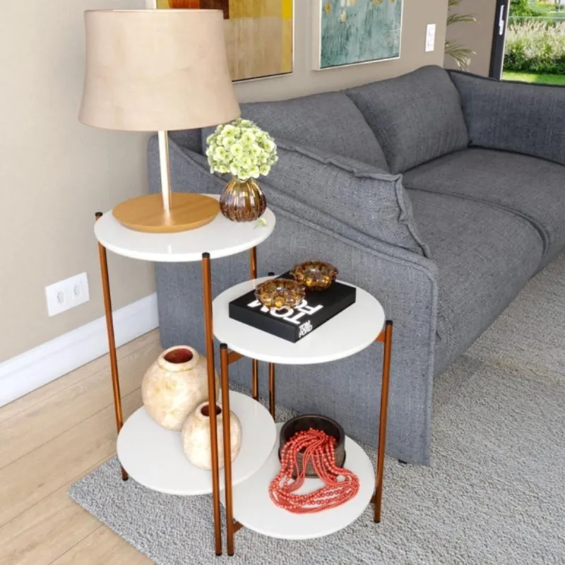 Jogo de Mesas para Sala Rouen Redondo MDF Metal Pintado 43CM Mais de Casa