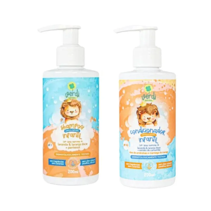 Shampoo + Condicionador Infantil Vegano Ingredientes Naturais Óleos Essenciais Lavanda Laranja Doce Verdi Natural