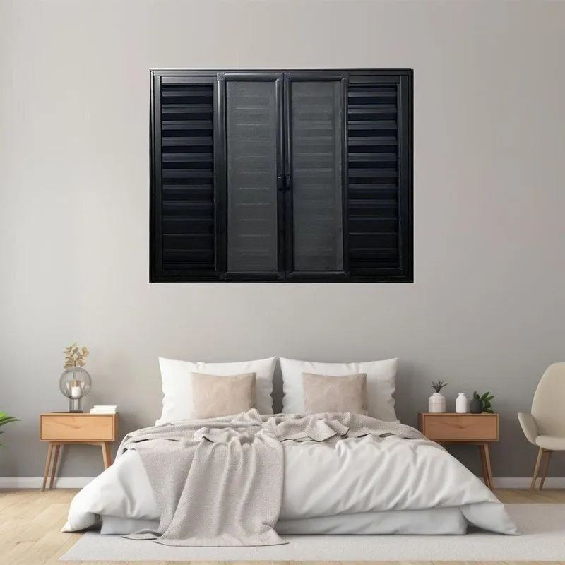 Janela Veneziana 6 Folhas Com Tela Mosquiteira Aluminio 100cm X 100cm Preto Esquadrias Bergamo Preto
