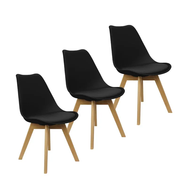 Kit 3 Cadeiras Charles Eames Leda Luisa Saarinen Design Wood Estofada Base Madeira - Preto
