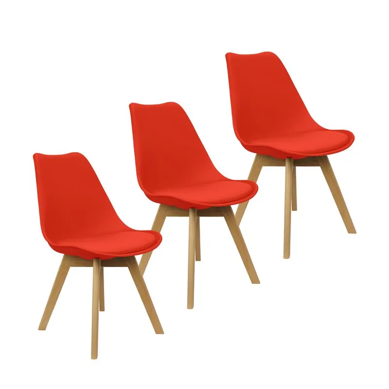 Kit 3 Cadeiras Charles Eames Leda Luisa Saarinen Design Wood Estofada Base Madeira - Vermelho