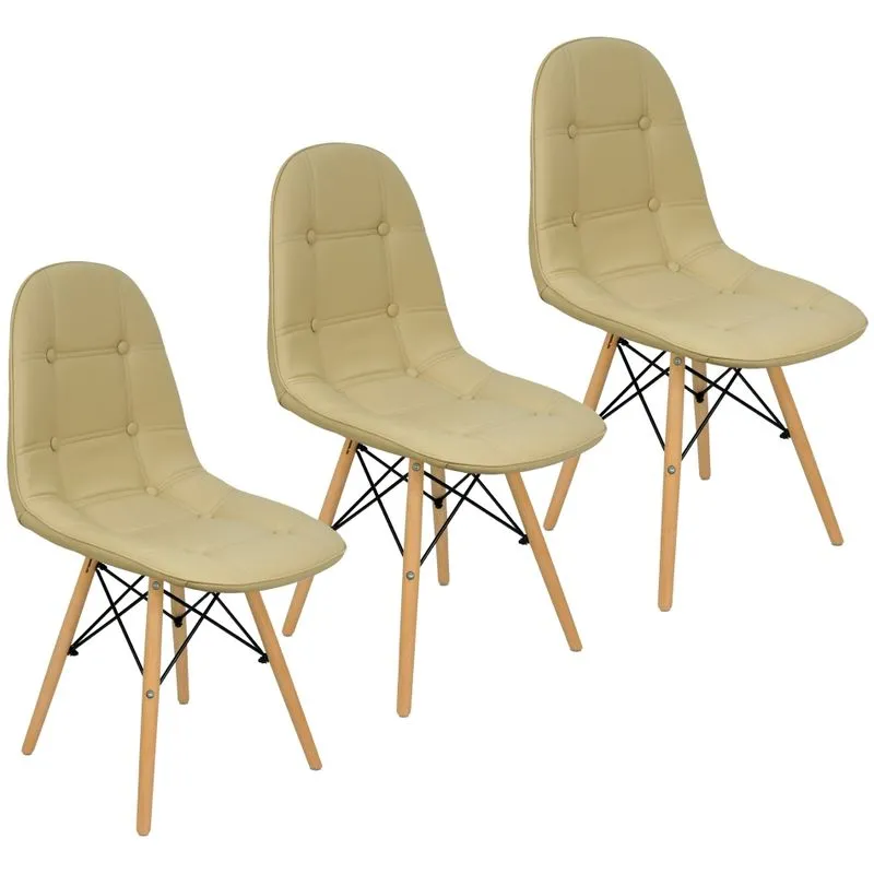 Kit 3 Cadeiras Charles Eames Botonê Eiffel Estofada Bege