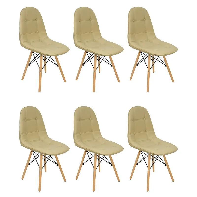 Kit 6 Cadeiras Charles Eames Botonê Eiffel Estofada Bege