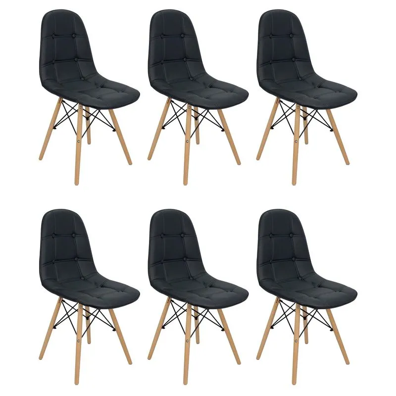 Kit 6 Cadeiras Charles Eames Botonê Eiffel Estofada - Preta
